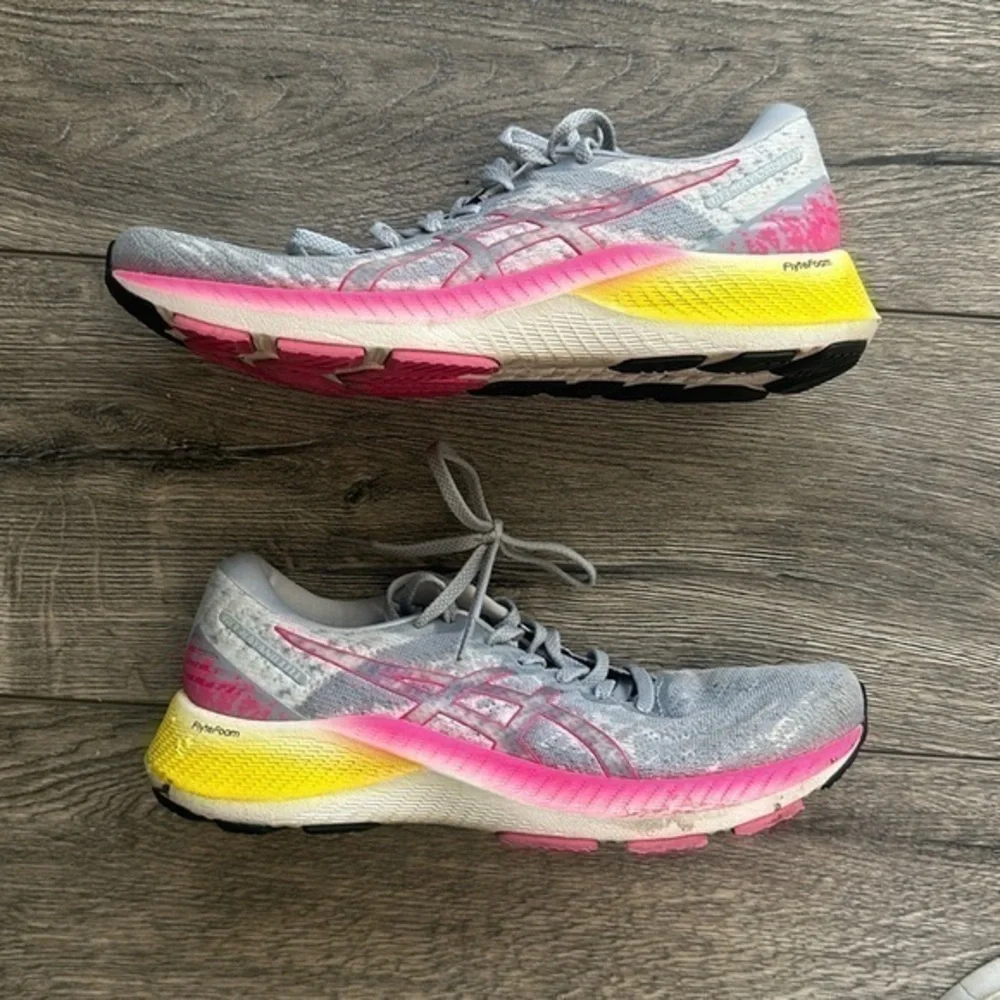 ASICS shoes, size 10 1/2 gray pink yellow Gel-Kayano Lite